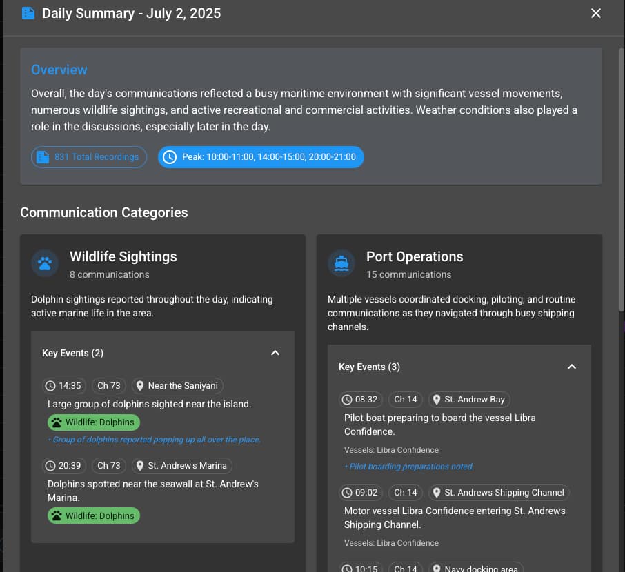 A daily summary with an overview, peak hours and key events grouped by category