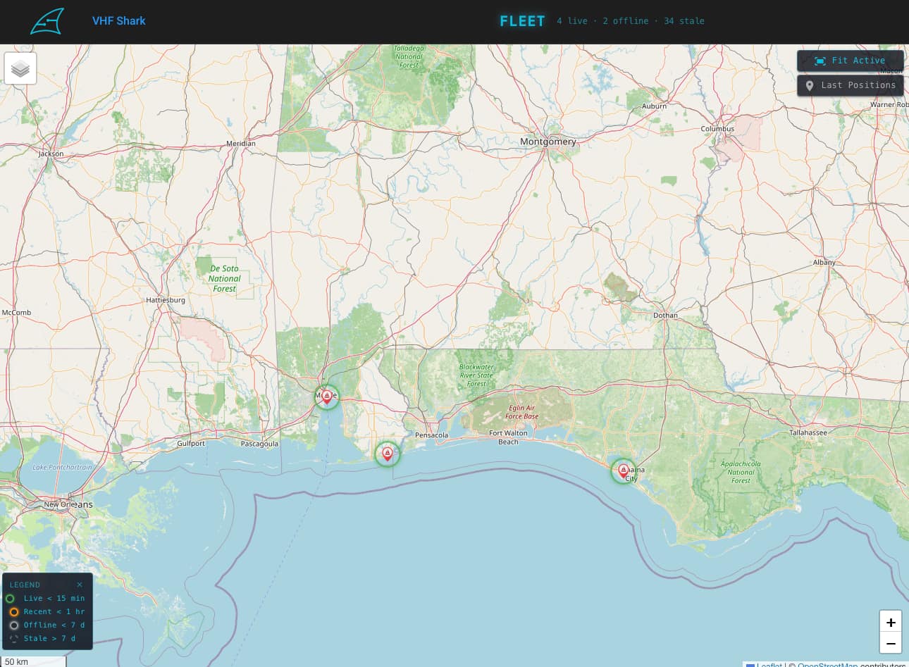 A map showing several VHF Shark units along a coastline with their status