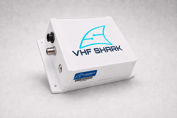 VHF Shark M050-W receive-only unit in a white weatherproof housing