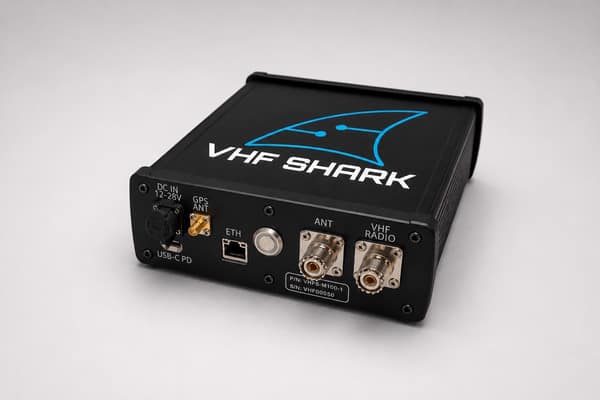 VHF Shark M100-1 unit with radio pass-through in a black aluminum enclosure