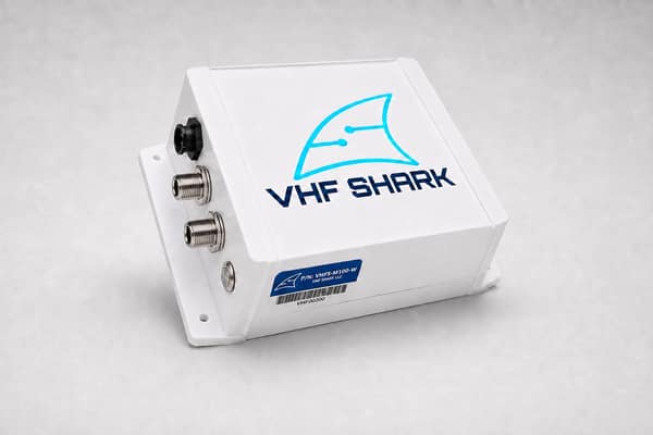 VHF Shark M100-W unit with radio pass-through in a white weatherproof housing